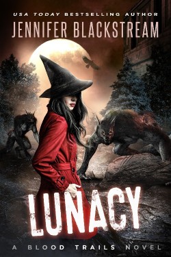 Cover art of Lunacy, depicting Shade standing in the woods next to a building, surrounded by vicious half-shifted werewolves.