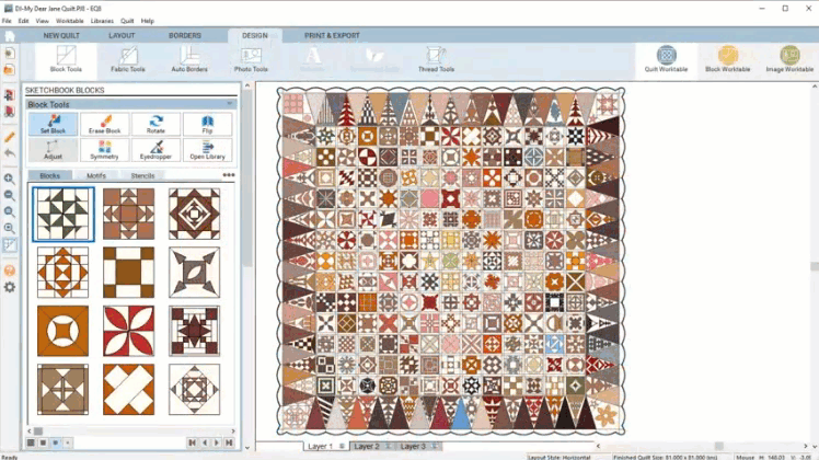 25% Off Dear Jane Add-on for EQ8 This add-on for EQ8 software gives you all 225 blocks and the full quilt layout designed by Jane A. Stickle during the American Civil War. You can print templates, foundation patterns, and rotary cutting charts for the blocks at any size you need. Play around with the quilt layout, add your own fabrics, and make your own Dear Jane quilt! Watch video > 