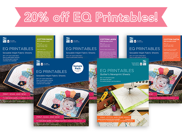 Special Offer: 20% off EQ Printables! Print sharp, photo-quality images onto these amazingly soft inkjet fabric sheets then use them in a quilt! Take photos with your camera or scan old hand-written letters, a child’s artwork, or any cherished item you’d like. There are several fabric options to choose from based on your project needs. Sale includes Quilter's Newsprint paper too!