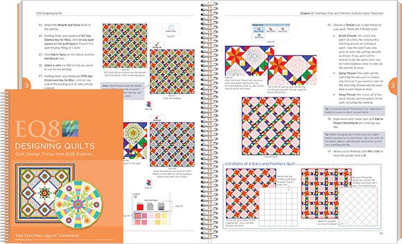 EQ8 Designing Quilts (Limited Quantities!) Both Designing Quilts books teach you how to design several different kinds of quilts. In this book, you'll learn to design circular quilts, custom-set quilts, t-shirt quilts, hexagon quilts, and more! Each chapter is like taking a class in your home. Perfect for EQ8 users at any learning stage—beginning, intermediate, or advanced. View book >>