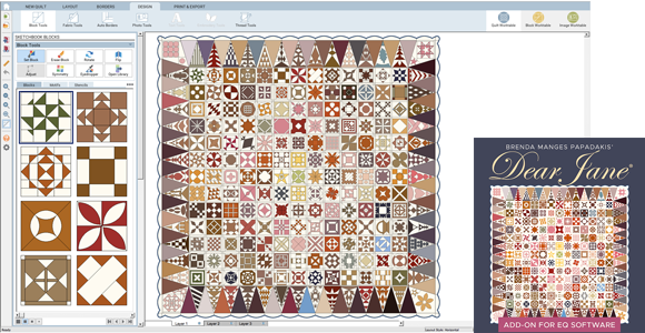 Quilt Project Add-on: Dear Jane NEW! This add-on for EQ8 software gives you all 225 blocks and the full quilt layout designed by Jane A. Stickle during the American Civil War. In EQ8 you can print templates, foundation patterns, and rotary cutting charts for the blocks at any size you need. Shop Dear Jane >