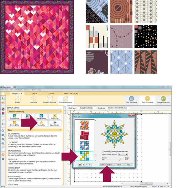 EQ Freebies Don't miss January's free downloads, fabric giveaway, and lesson for EQ8!Project of the Month: Lively LoveFabric of the Month: Coco Chic from Benartex (and fabric giveaway!)Design & Discover Lesson: The Serendipity Tool